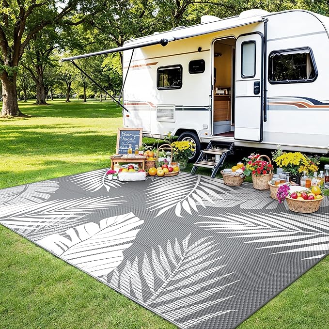 GENIMO 9'x12' Outdoor Rug Waterproof for Patio Decor, Reversible Plastic Straw Rug Carpet, Camping Mats for Outdoor, RV, Backyard, Deck, Balcony, Picnic, Mix Grey & White
