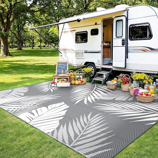 GENIMO 9'x12' Outdoor Rug Waterproof for Patio Decor, Reversible Plastic Straw Rug Carpet, Camping Mats for Outdoor, RV, Backyard, Deck, Balcony, Picnic, Mix Grey & White