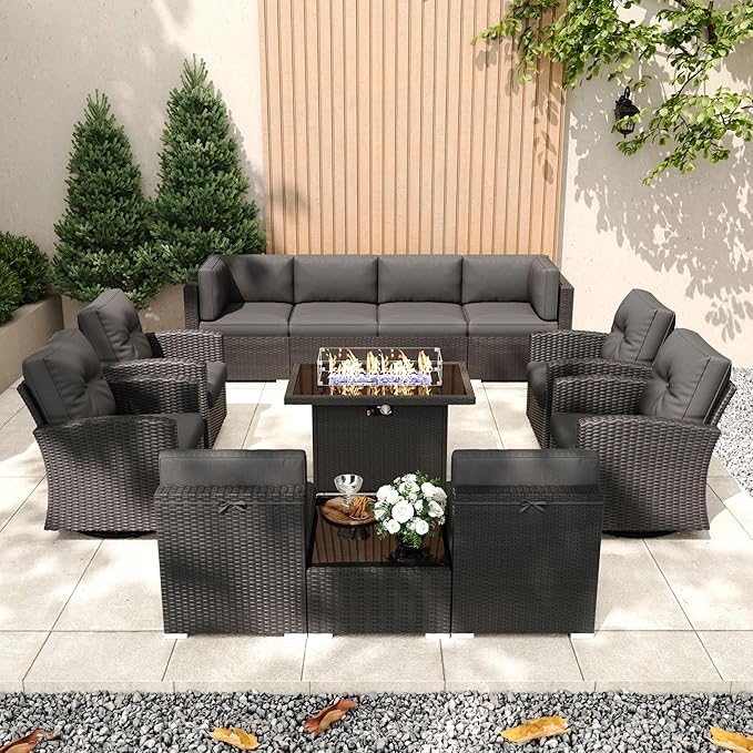Patio Furniture Set with Fire Pit Table, 12 Pieces Outdoor All-Weather Wicker Conversation Sectional Chair Sofa Set with 4 Swivel Chairs