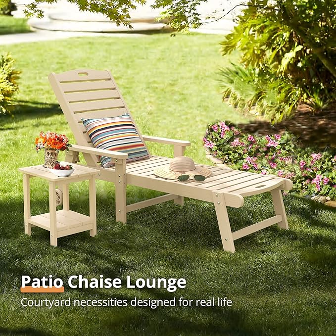 LUE BONA Outdoor Chaise Lounge Chairs Set of 4, HDPS Chaise Lounger, 5 Positions Adjustable Lounge Chairs, Pool Lounge Chair with Wheels for Poolside, 3 Year Warranty, Sand