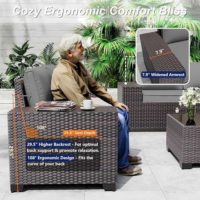 Outdoor Patio Furniture Set, 6 Pieces Outdoor Sectional Furniture High Backrest Patio Sofa, All-Weather PE Rattan Patio Conversation Set with Coffee Table & Cushions