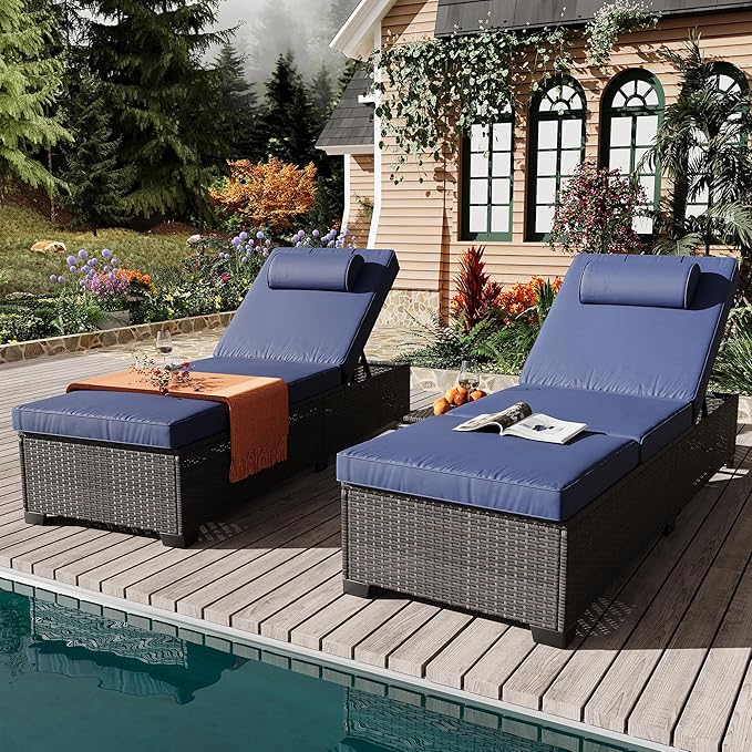 Outdoor PE Wicker Chaise Lounge Chairs, Set of 2, Modern Style, Blue, Rattan & Steel Frame, Adjustable Backrest, Comfortable Cushion & Head Pillow, Side Shelving, Indoor/Outdoor Use