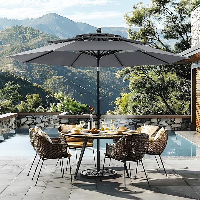 Sophia & William 10ft 3 Tier Auto-tilt Patio Umbrella, Outdoor Double Vented Umbrella with Crank, Grey