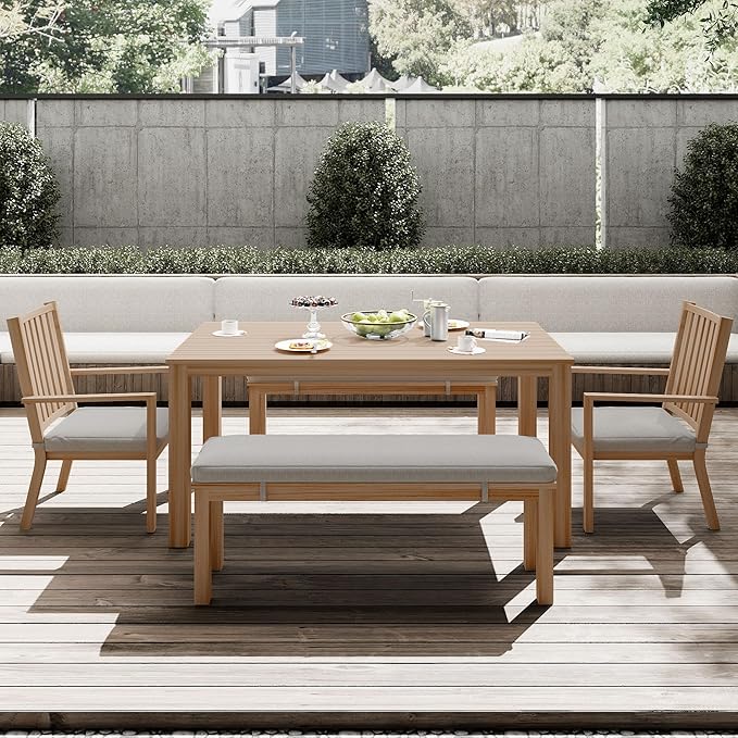 Outdoor Patio Bench, Metal Aluminum Outdoor Bench with Waterproof Cushions, Outdoor Patio Furniture Seating for Porch, Balcony, Deck, Backyard, Light Wood Color