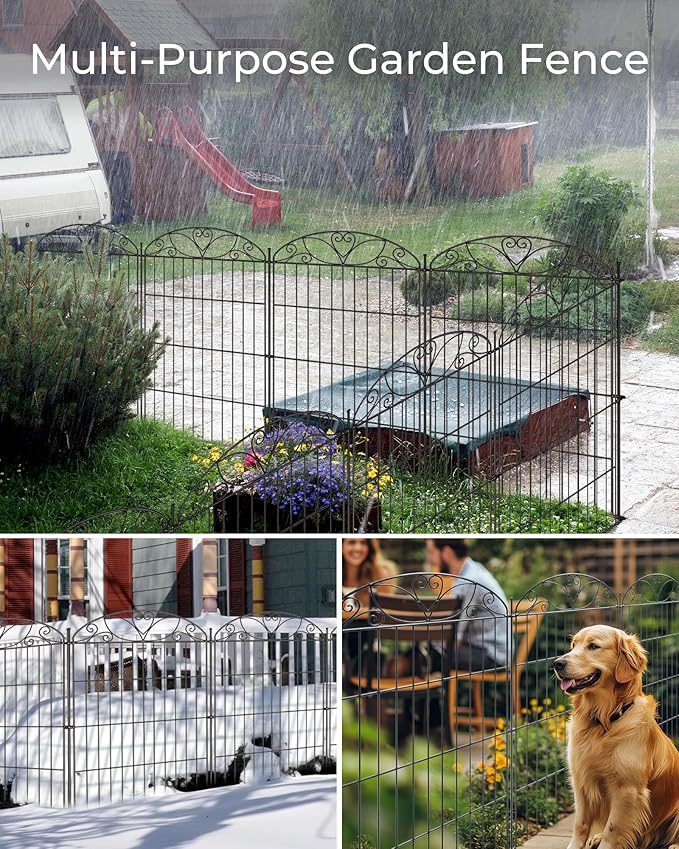 5 Panels No Dig Decorative Outdoor Garden Fence with Gate, 40 in(H) X 11.8 ft(L) Animal Barrier Fencing, Rustproof Portable Fence, Temporary Dog Fence Outdoor for Yard, Outside, Backyard