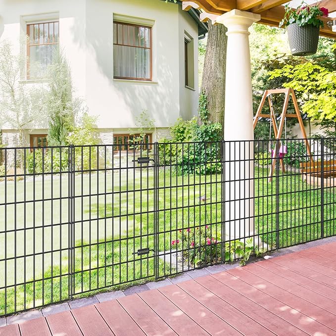 Metal Garden Fence with Gate 40in (H) x 18.7ft (L), 1 Gate + 7 Panels Dog Fence Border Fence Animal Barrier, No Dig Garden Fencing for Yard Flower Bed Lawn Patio Outdoor, PIN402808G Black