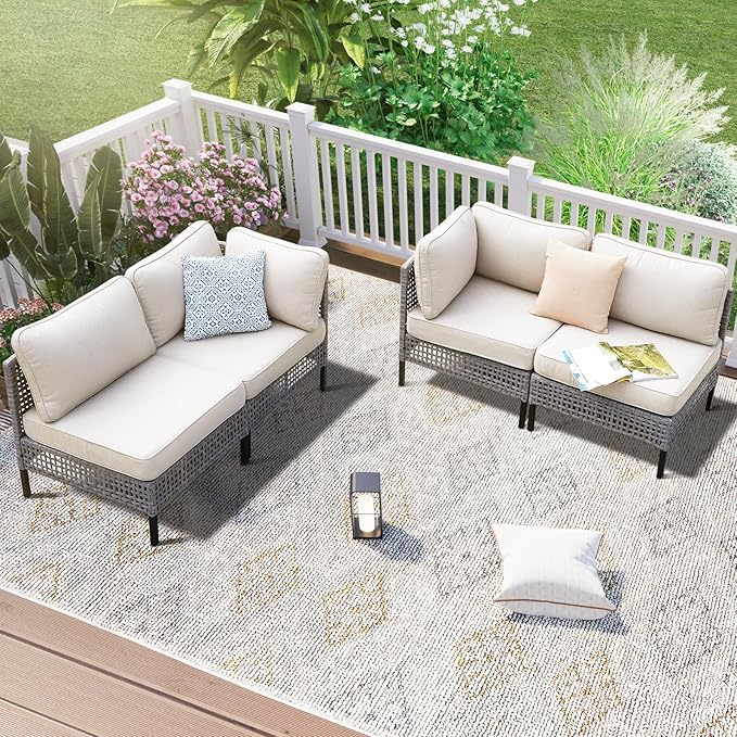 4-Piece Outdoor Modular Wicker Sofa Set with 2 Armchairs and 2 Armless Chairs, PE Rattan Sectional Furniture with 4" Beige Cushions, Gray Patio Seating for Deck, Garden, Porch