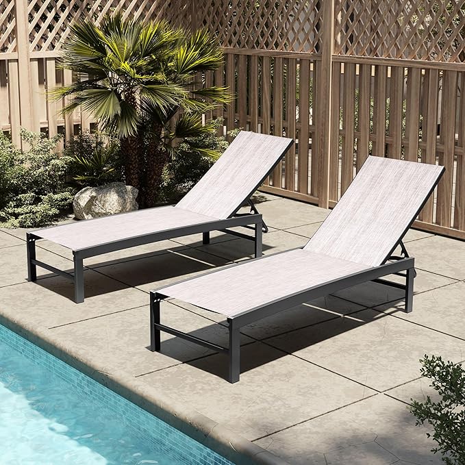 Patio Aluminum Chaise Lounge Chair, Set of 2 Outdoor Recliner Lounge Chair Sun Loungers, All Weather Chaise with 5 Adjustable Backrest and Lay Flat Positions for Garden, Balcony, Pool, Earth