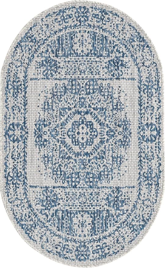 Unique Loom Outdoor Traditional Collection Area Rug - Timeworn (3' 3" x 5' 3" Oval, Blue/ Gray)