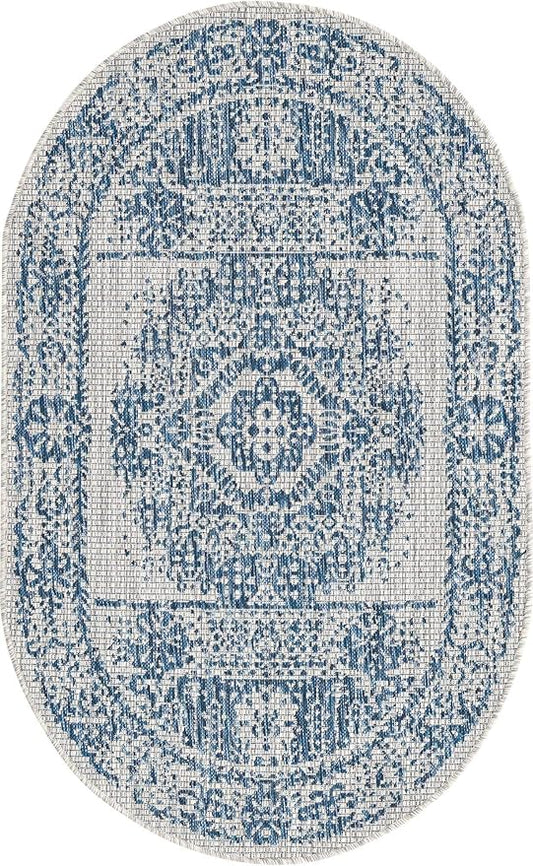 Unique Loom Outdoor Traditional Collection Area Rug - Timeworn (3' 3" x 5' 3" Oval, Blue/ Gray)