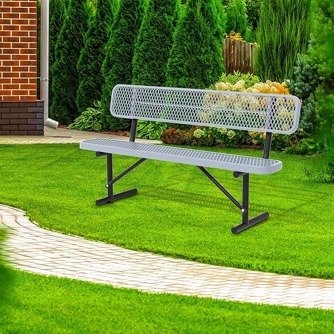 6 Feet Heavy Duty Metal Park Bench for Outside, Outdoor Bench with Backrest & Portable Frame, Commercial Benches for Shopping Malls, Stores, Parks, Patios, Decks, Grey