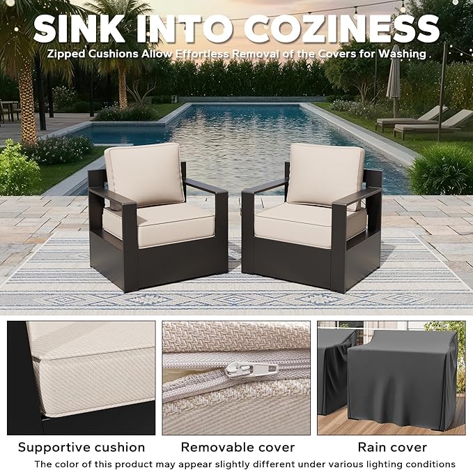 Aluminum Patio Chairs Set of 2, All Weather Use Outdoor Dining Chairs with Rectangular Framed Metal Armrest & 6" Fade-Resistant Cushions & Chair Covers for Deck Balcony Backyard (Beige)