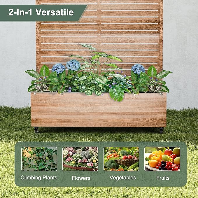 Metal Planter Box with Trellis Privacy Screen, Outdoor Raised Garden Beds with Wheels & Drainage Holes (47" L, Brown Oak Grain)