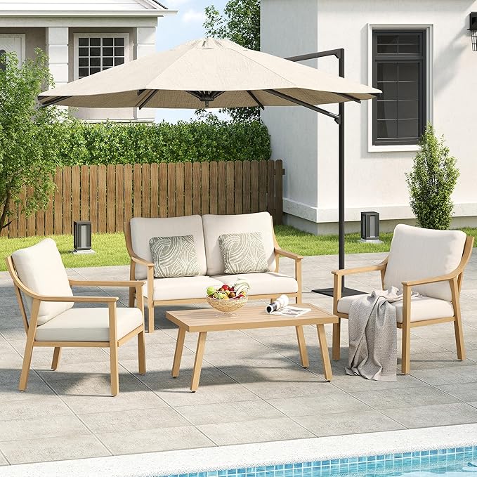 Patio Conversation Sets 4 Pieces - Aluminum Loveseat Outdoor Furniture Sets with Thick Cushion, Coffee Table and Chairs Set of 2, Rustproof and Waterproof for Porch Deck Yard, Beige