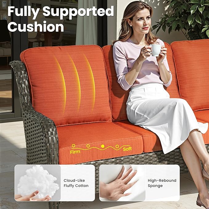 ovios 7-Pieces Patio Furniture Set with 42 Inch Fire Pit Table Swivel Chairs, Outdoor Wicker Sofa Couch Gliders Rocker, High Back Modern Conversation Set, Brown Rattan, Orange Red