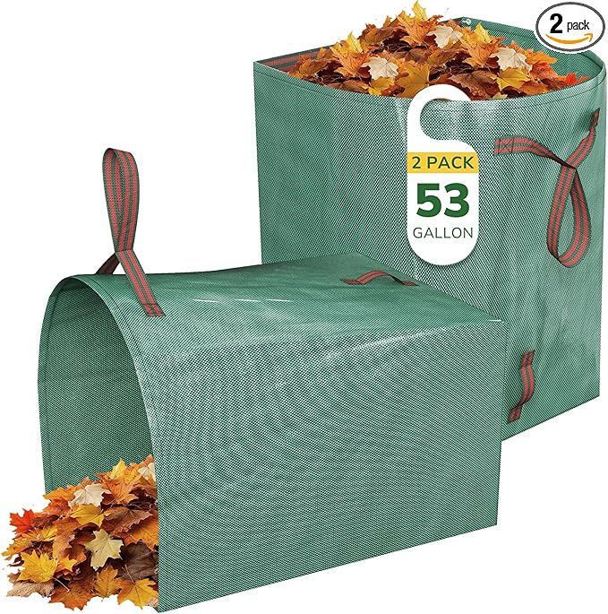 GreatBuddy Lawn Bag, 53 Gallon Yard Waste Bags, Heavy Duty PP Garden Leaf Bags for Leaves, Grass and Debris, Reusable & Foldable Leaf Collector with Handles, Wide Opening and Self-stand Design, 2 Pack
