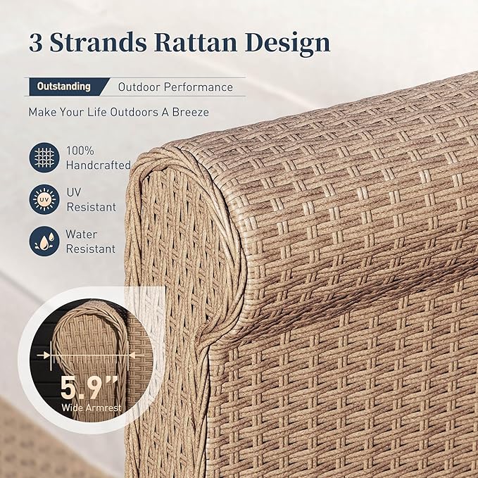 Patio Furniture Set 8 Piece, Wicker Rattan Sectional Sofa Couch with 5.5" Thick Waterproof Cushion and Coffee Table, L Shape All weather Outdoor Conversation Set for Lawn Backyard Deck, Beige