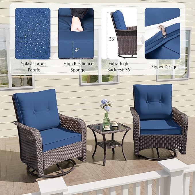ALAULM Outdoor Swivel Rocking Chairs Set of 2 with 4”Thick Cushions and High Back, Wicker Patio Chairs w/Side Table for Patio, Porch, Poolside, Deck, Backyard, Garden-Dark Blue
