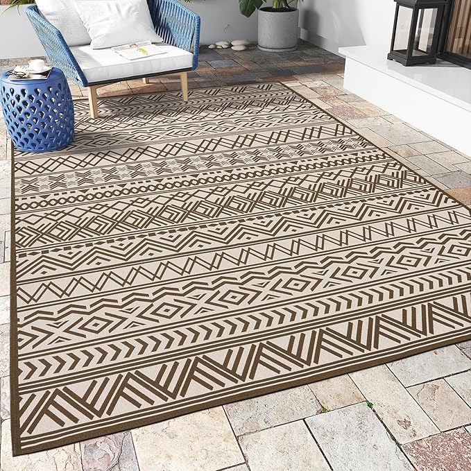 Outdoor Rug Carpet 6x9 ft, Flatweave Textured Outdoor Patio Rug Non Slip Indoor Outdoor Rugs with Rubber Particles Backing Boho Outdoor Area Rug for Patio Deck Front Porch Backyard Balcony, Brown