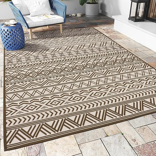 Outdoor Rug Carpet 6x9 ft, Flatweave Textured Outdoor Patio Rug Non Slip Indoor Outdoor Rugs with Rubber Particles Backing Boho Outdoor Area Rug for Patio Deck Front Porch Backyard Balcony, Brown