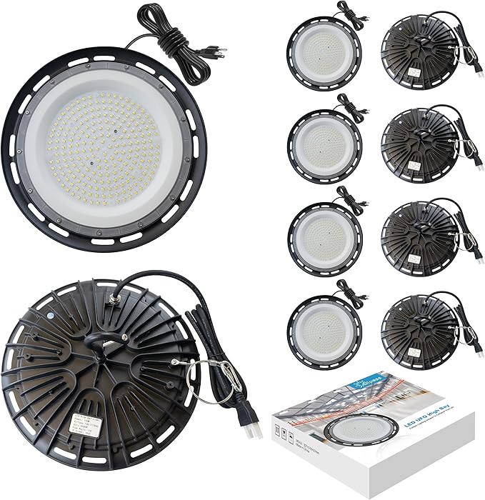 Super Bright High Bay LED Shop Lights - 150W 5000K Daylight, 21000LM 120VAC with 5ft Cord & US Plug. Standard US Hook, IP65 Waterproof led high Bay UFO Lights (10Pack)