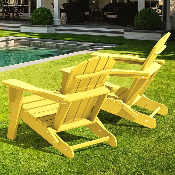 LOUNZY Folding Adirondack Chair with Cup Holder, HDPE All-Weather Folding Patio Chair, Outdoor Patio Adirondack Chair for Lawn Porch Garden Backyard Deck Fire Pit, Yellow