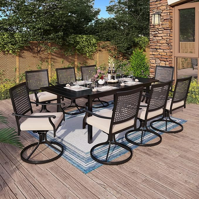 MFSTUDIO Patio Dining Set for 8, Outdoor Dining Set with Swivel Chairs, 9 Piece Metal Outdoor Patio Furniture Set for Deck Backyard Poolside Garden