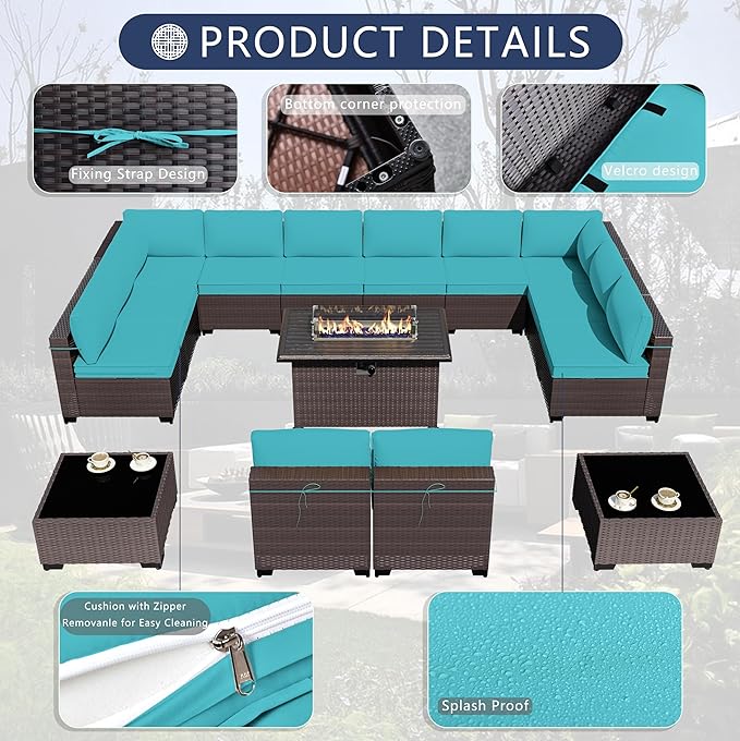 Outdoor Patio Furniture Set with Gas Fire Pit Table, 15 Pieces Outdoor Furniture Set Patio Sectional Sofa w/43in Propane Fire Pit, PE Wicker Rattan Patio Conversation Sets (Teal)