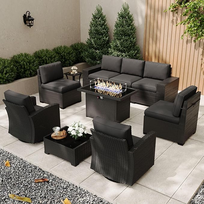 Patio Furniture Set with Fire Pit Table, 10 Pieces Outdoor All-Weather Wicker Conversation Sectional Chair Sofa Set with 2 Swivel Chairs