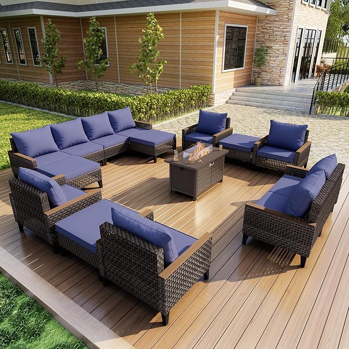 15-Piece Outdoor Patio Furniture Set, Wicker Rattan Conversation Set with Fire Pit Table and Foot Rest, Sectional Modular Sofa Couches Chairs Ottomans for Deck, Balcony, Backyard, Yard (Blue Cushions)