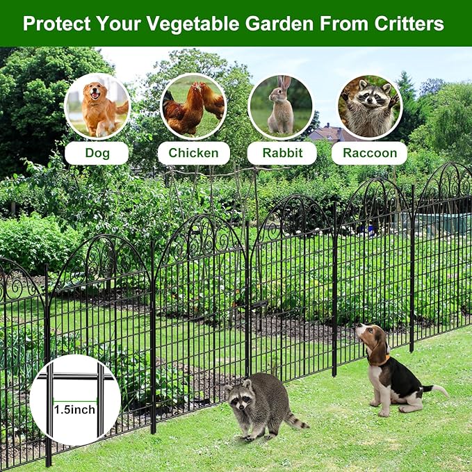 10 Panels Decorative Garden Fence with Gate for Yard, 36 in(H) X 24ft(L) No Dig Dogs Fence Outdoor Animal Barrier Fencing, Rustproof Metal Wire Patio Temporary Fences for Dogs Rabbits