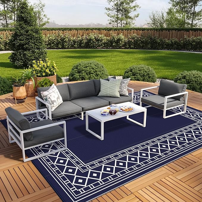 GENIMO Outdoor Rug Waterproof for Patio Decor, 9'x12' Foldable Reversible Plastic Straw Carpet for Travel Trailers, Outside Area Mat for Rv, Deck, Picnic, Porch, Camper, Balcony, Beach, Blue & White