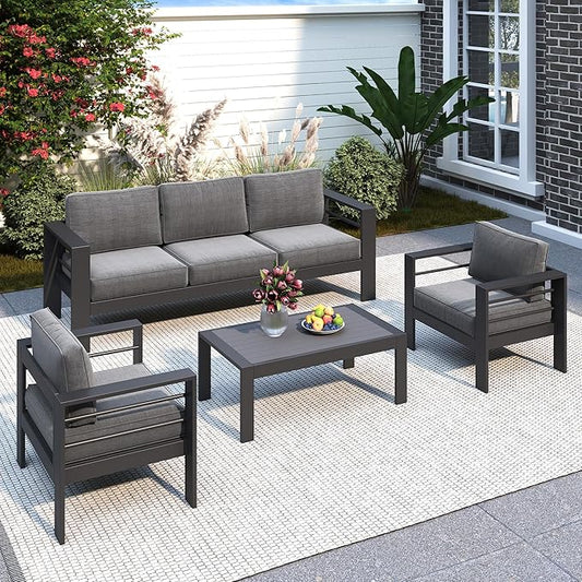 Solaste Aluminum Patio Furniture Set, 5 Seats Modern Outdoor Conversation Set Outdoor Furniture Set with Upgrade Cushion and Coffee Table,Dark Grey