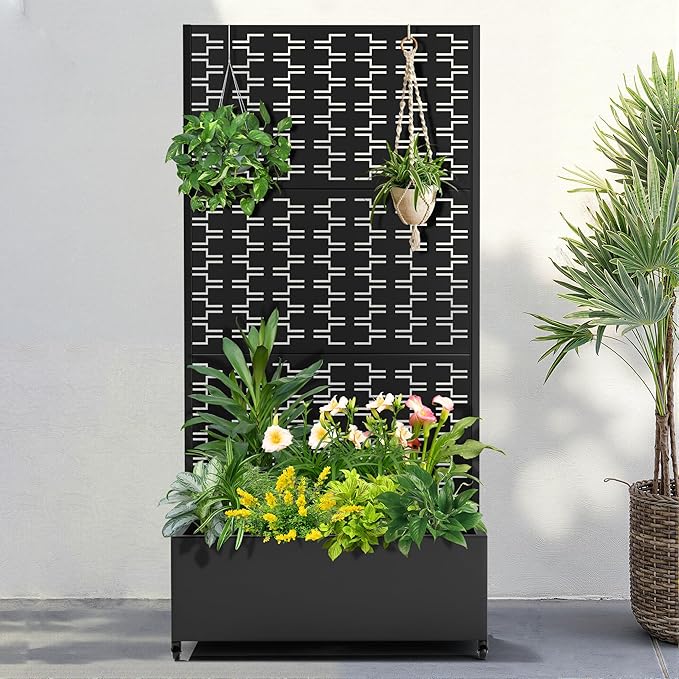 FENCY Metal Raised Garden Bed with Wheels and Trellis,73"x35"x16" Planter Box for Climbing Plants, Vegetables & Vines, Features Privacy Screen and Drainage Holes (Black-Brick)
