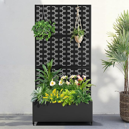 FENCY Metal Raised Garden Bed with Wheels and Trellis,73"x35"x16" Planter Box for Climbing Plants, Vegetables & Vines, Features Privacy Screen and Drainage Holes (Black-Brick)