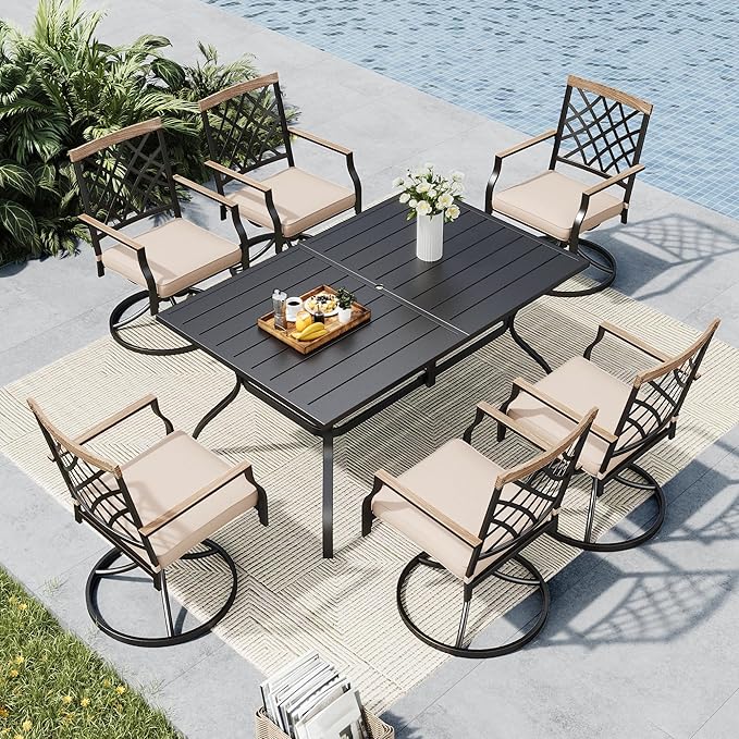 MFSTUDIO 7 PCS Outdoor Dining Set with 6 Patio Metal Swivel Dining Chairs and 1 Heavy Duty Metal 60" Table for 6, All Weather Resistant Patio Furniture