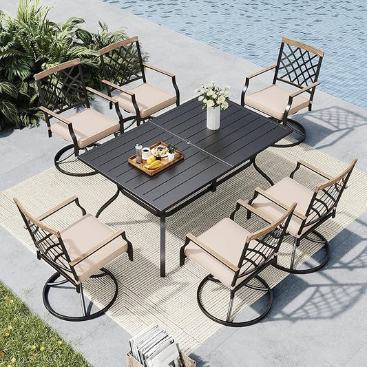 MFSTUDIO 7 PCS Outdoor Dining Set with 6 Patio Metal Swivel Dining Chairs and 1 Heavy Duty Metal 60" Table for 6, All Weather Resistant Patio Furniture