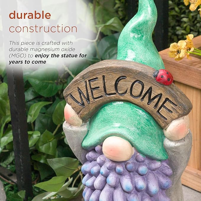 Alpine Corporation QWR1470 Gnome with Green Hat Holding “Welcome” Sign, Stylish Décor for Garden, Patio, & Pathway, 15" H