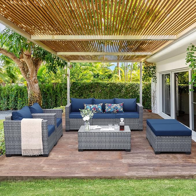 6 Pieces Wicker Patio Furniture Sets Outdoor Conversation Set PE Rattan Sectional Sofa Couch with Storage Table and Royal Blue Cushions