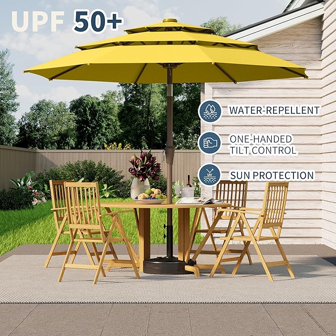 9FT 3 Tiers Patio Umbrella With Auto Tilt and Crank, Outdoor Table Market Umbrella with 8 Sturdy Ribs for Garden,Lawn,Deck,Backyard and Pool,Yellow
