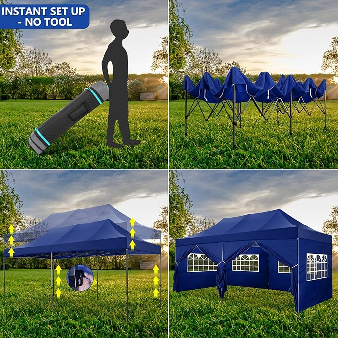 COBIZI 10x20 Pop up Canopy Tent Heavy Duty with 6 Sidewalls, Easy Set-up Commercial Outdoor Party Tent, 100% Waterproof Wedding Gazebo, 3 Height Adjustable with Wheeled Bag, Dark Blue