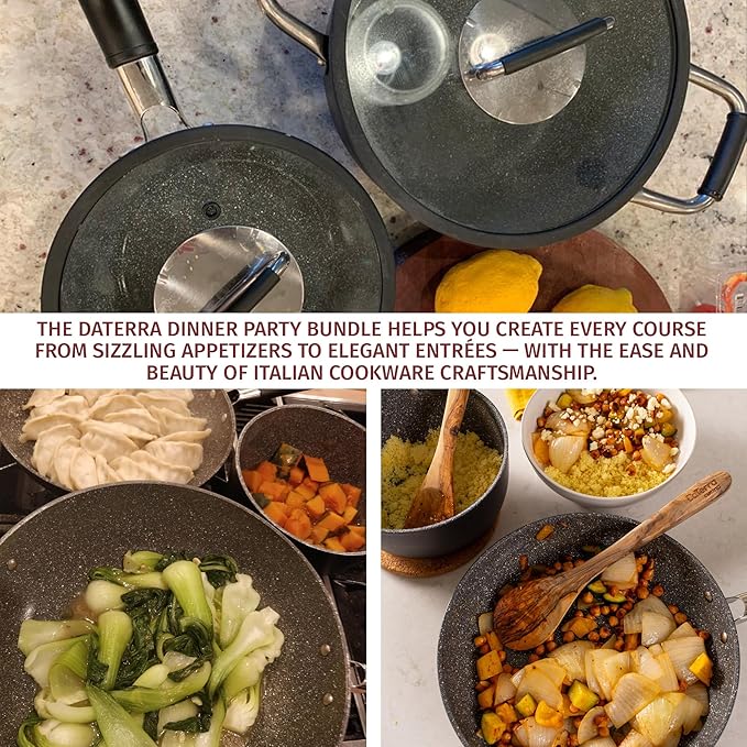 DaTerra Cucina Nonstick Dinner Party Bundle – 2.6 Qt Saucepan with Lid, 9.5" & 13" Frying Pans and 13" Wok and 8 Qt Dutch Oven with Lids, Durable Ceramic Coating, Made in Italy – Volcanic Black