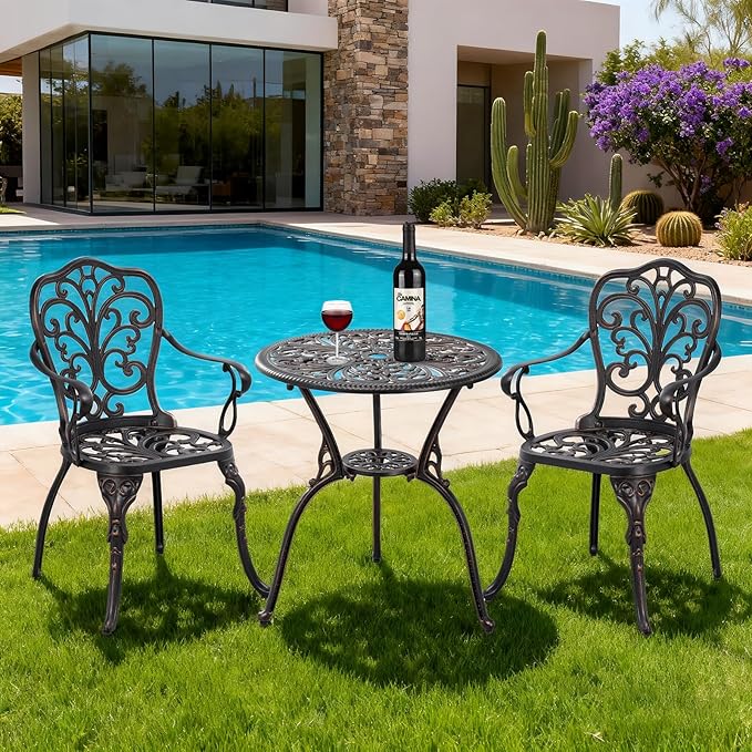 Bistro Set 3 Piece Outdoor,Cast Aluminum Outdoor Bistro Set,All Weather Bistro Table and Chairs Set of 2 with 1.97" Umbrella Hole,Patio Bistro Sets for Backyard, Balcony,Front Porch(Brown)