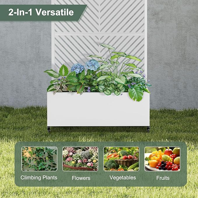Metal Raised Garden Beds Outdoor with Trellis & Wheels, Planter Box with Privacy Screen, Drainage Holes for Vegetables, Flowers, Vines (35" L×16" W×71" H, White Parallel)