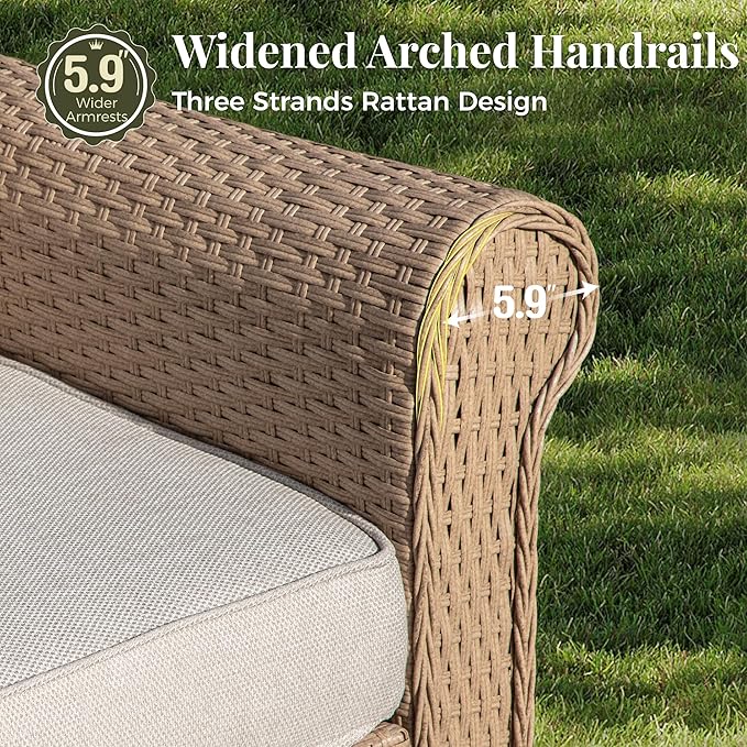 Patio Furniture Set 4 pcs, Wicker Outdoor Patio Furniture, 3-Seat Sofa, 2 Single Chairs and Coffee Table, Rattan Patio Conversation Set for Backyard Deck, Beige