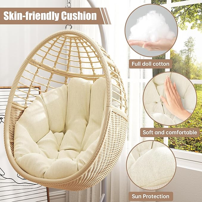Hanging Egg Chair Swing Chair with Stand Wicker Rattan Chairs for Indoor Outdoor Patio Bedroom Hammock Chair with Steel Frame and Cushion(Color: Beige)