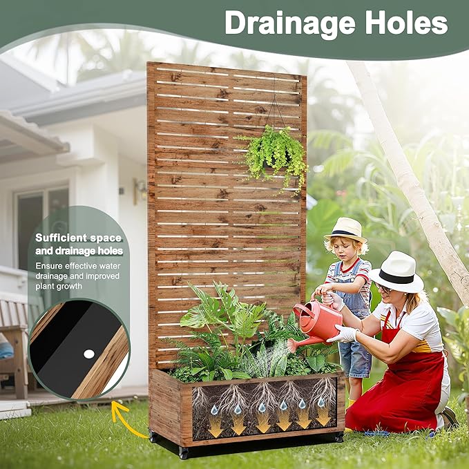 Metal Raised Garden Beds with Trellis and Wheels for Climbing Plants, Flowers, Large Planter Box with Privacy Screen & Drainage Holes for Patio (35" L, Brown Log Grain)