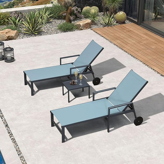 PURPLE LEAF Outdoor Chaise Lounge Set for 2 Aluminum Patio Chaise Lounger Chair with Armrest Adjustable Pool Chaise Lounge Chair for Beach Yard Poolside Table Included, Teal
