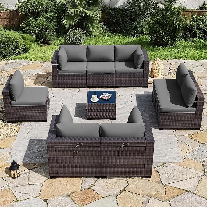 ALAULM Patio Furniture Set with Coffee Table, 9 Pieces Outdoor Sectional with Wide Seat and Thick Cushion, All Weather Wicker Rattan Conversation Set for Backyard, Garden, Deck, Grey
