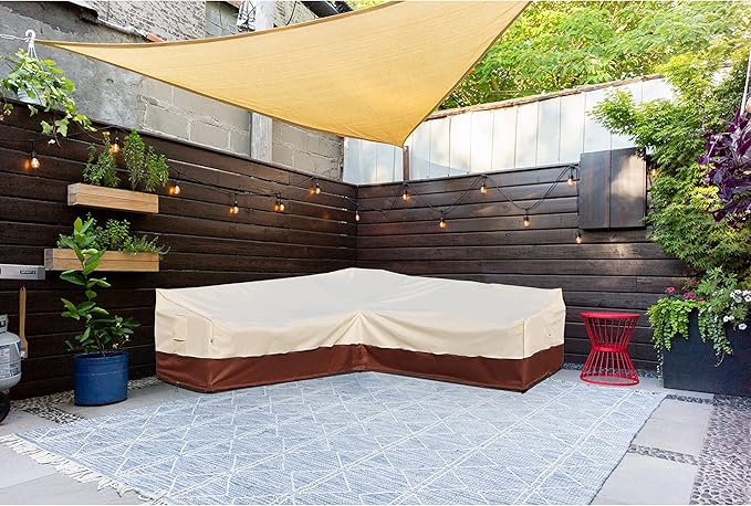 Outdoor Sectional Cover V-Shaped Garden Patio Furniture Covers Waterproof Rip-Stop Anti-UV 600D Outdoor Couch Sofa Cover with 3 Air Vents, 85"(85''L) x 33.5''D x 31''H, Beige & Reddish Brown